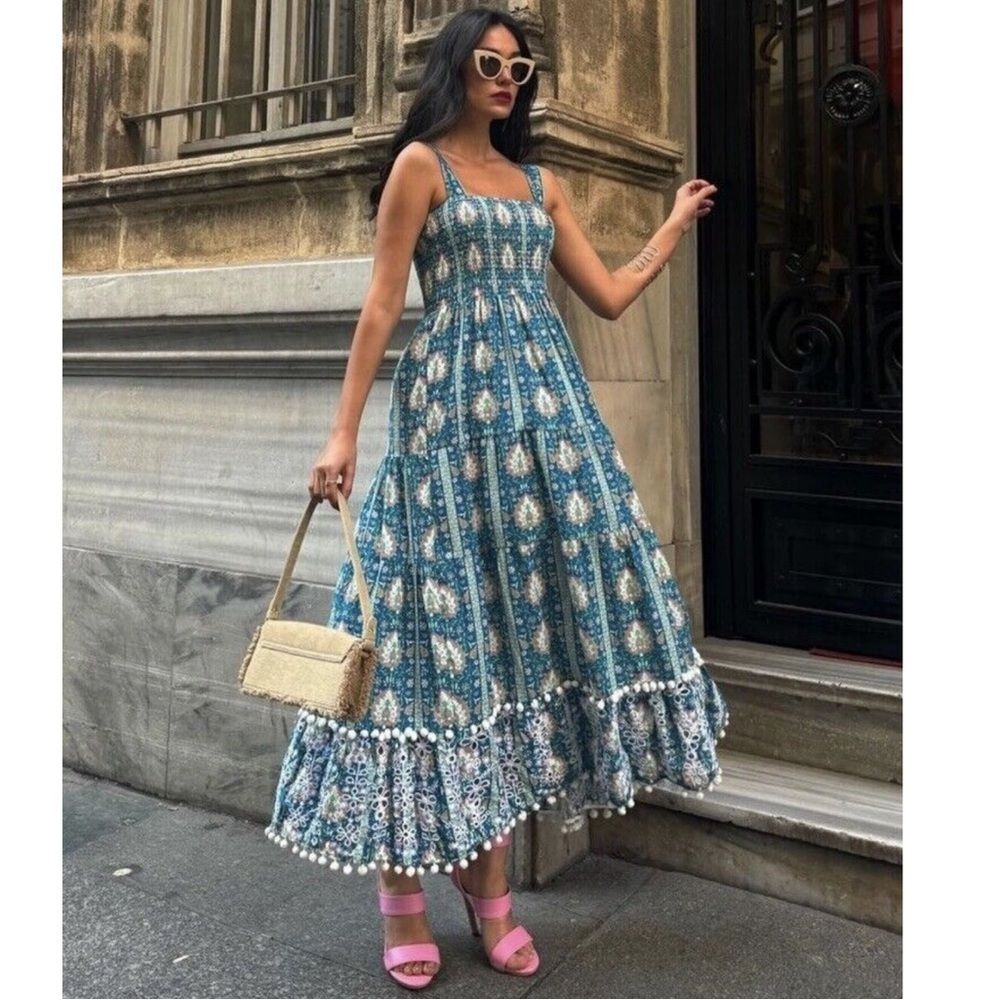Zara Blue and White Patterned Pom Pom Maxi Dress